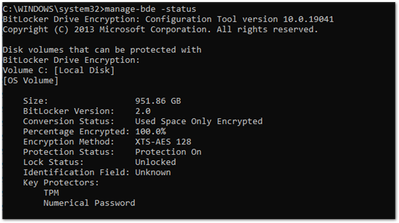 Example screenshot of the manage-bde.exe command in a Command Prompt window