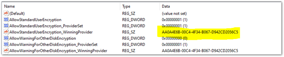 BitLocker registry location in the Registry Editor