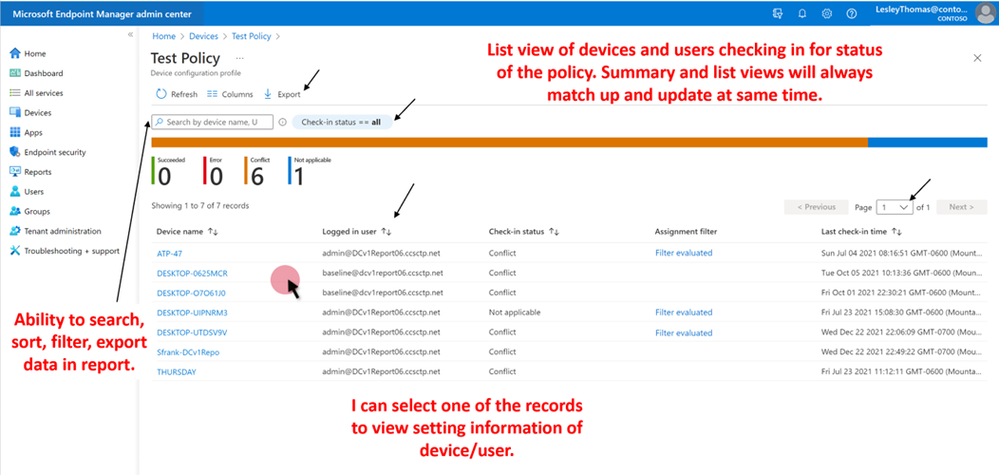 Screenshot of the ‘Device and user check-in status’ report in the Endpoint Manager admin center. It shows a field above the aggregate chart where you can enter a value to search, sort, or filter on. The columns shown in the report are ‘Device name’, ‘Logged in user’, ‘Check-in status’, ‘Assignment filter’, and ‘Last check-in time’.