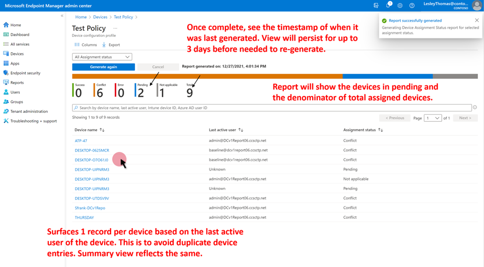 Screenshot of the ‘Device assignment status’ report in the Endpoint Manager admin center. It shows a dropdown field above the aggregate chart where you can select an Assignment status to filter on. It also shows an example timestamp: “Report generated on” 12/27/2021, 4:01:34 PM.” The report list columns are ‘Device name’, ‘Last active user’, and ‘Assignment status’. It generates one record per device, based on the last active user of the device. This helps avoid duplicate entries.