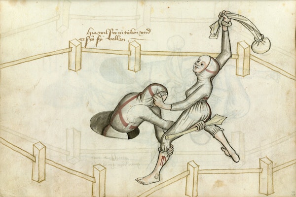 Manuscript illustration of duel between man and woman