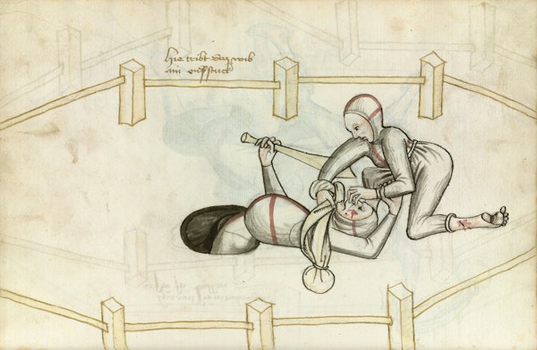 Manuscript illustration of duel between man and woman