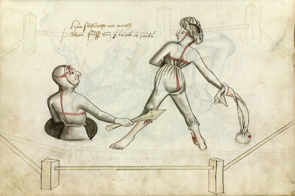 Manuscript illustration of duel between man and woman