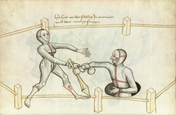 Manuscript illustration of duel between man and woman