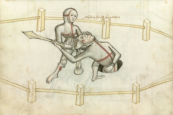 Manuscript illustration of duel between man and woman