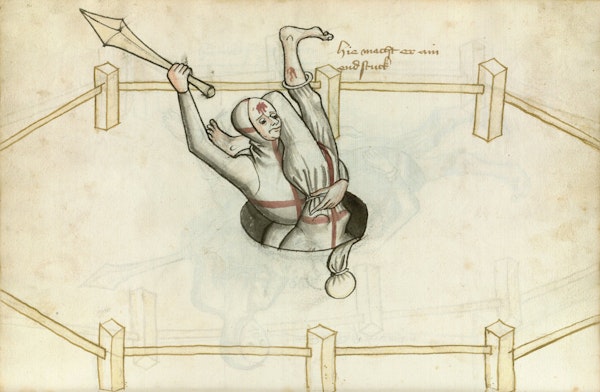 Manuscript illustration of duel between man and woman