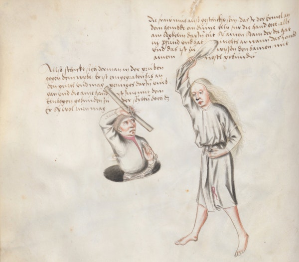 Manuscript illustration of duel between man and woman