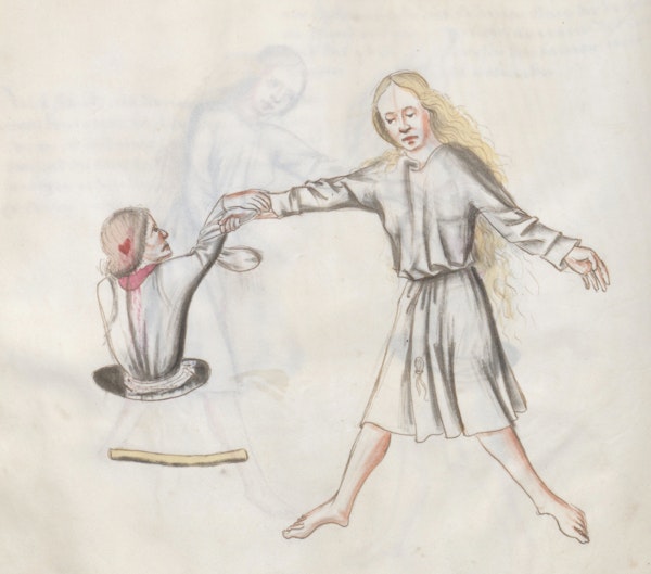 Manuscript illustration of duel between man and woman