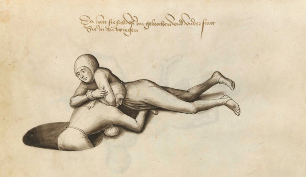 Manuscript illustration of duel between man and woman