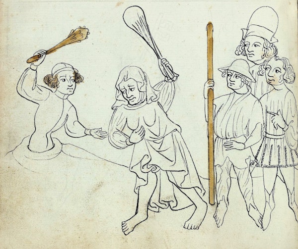 Manuscript illustration of duel between man and woman