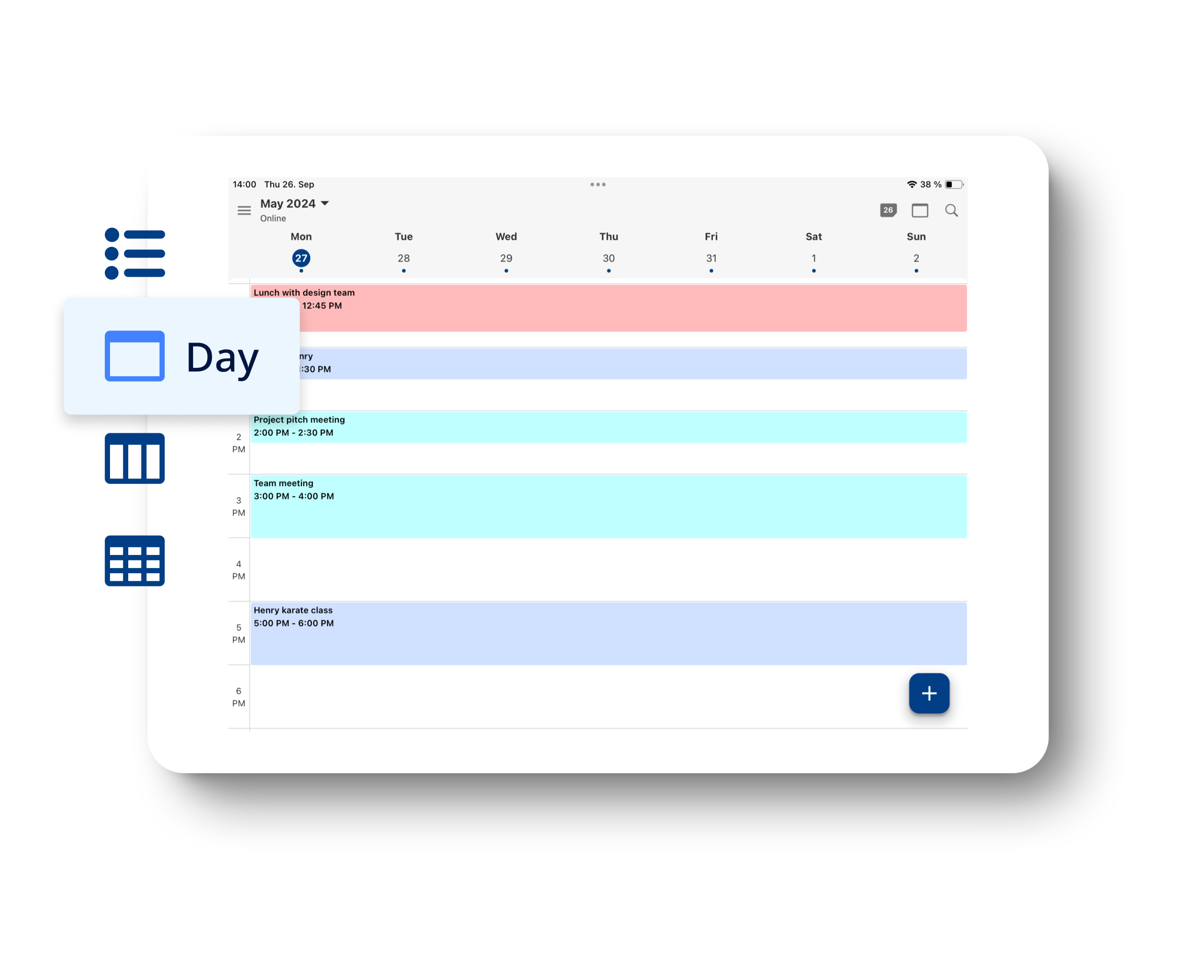 Tablet displaying Tuta Calendar in week view with enlarged icons on the side to symbolize how Tuta's Calendar is customizable allowing you to stay organized.