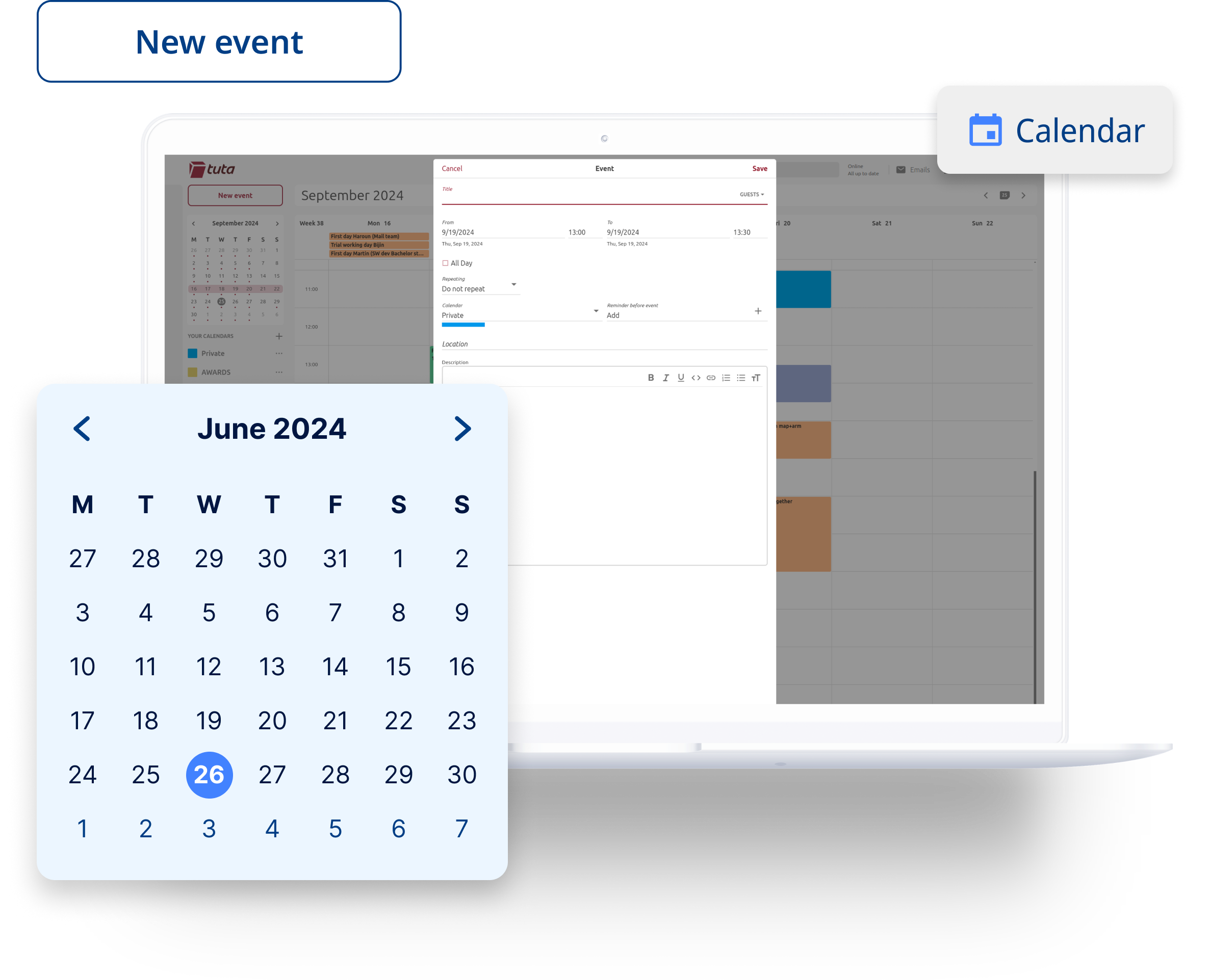 Laptop displaying Tuta's zero-knowledge calendar. In front is an enlarged date menu to choose the event's date.