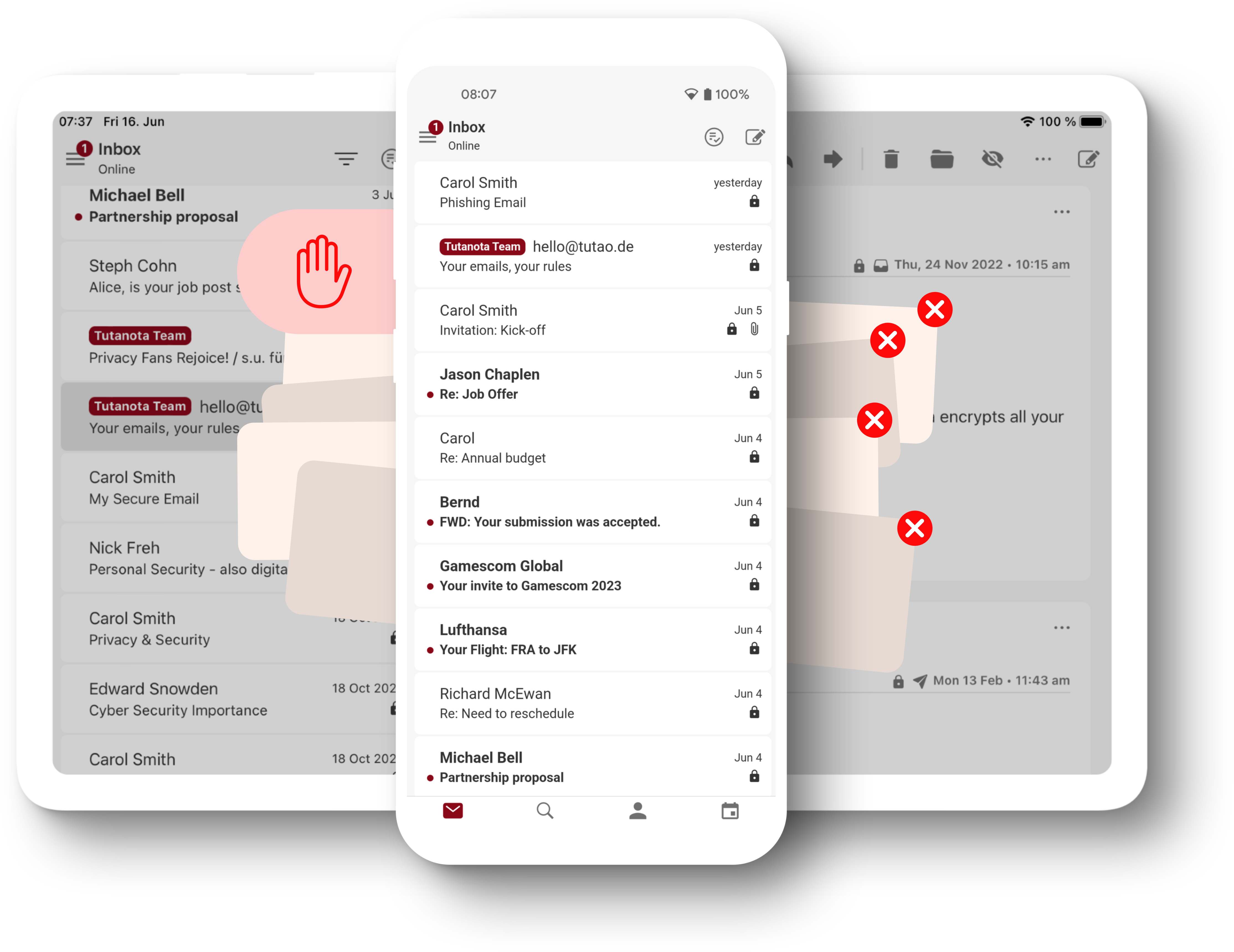 Composition of a tablet with a phone in front. Both devices have the Tuta Mail app opened displaying Tuta's encrypted mailbox. In between the tablet and phone is an illustration of pop-up ads with a red close buttons symbolizing Tuta's ad-free interface.