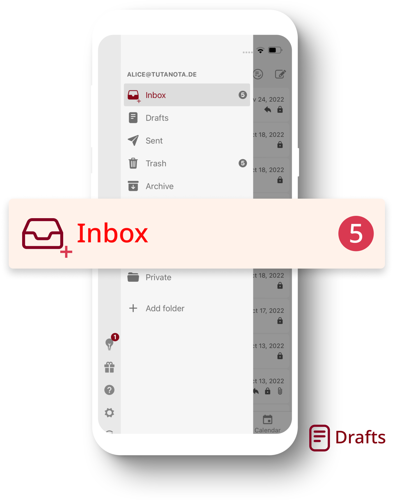 Phone with the Tuta Mail app opened showing Tuta's easy to use navigation panel. In front of the phone is an enlarged inbox notification showing 5 unread emails.