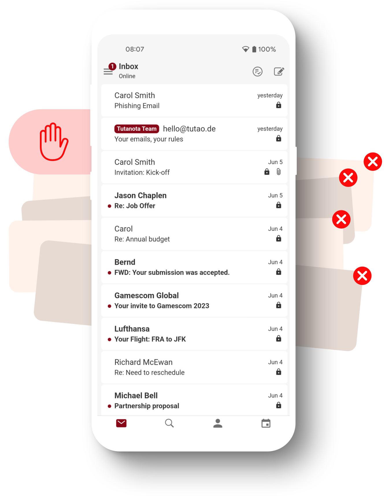 Phone with the Tuta Mail app opened showing Tuta's encrypted mailbox. Behind the phone is an illustration of pop-up ads with red close buttons and a red hand symbolizing that the ads are being stopped.