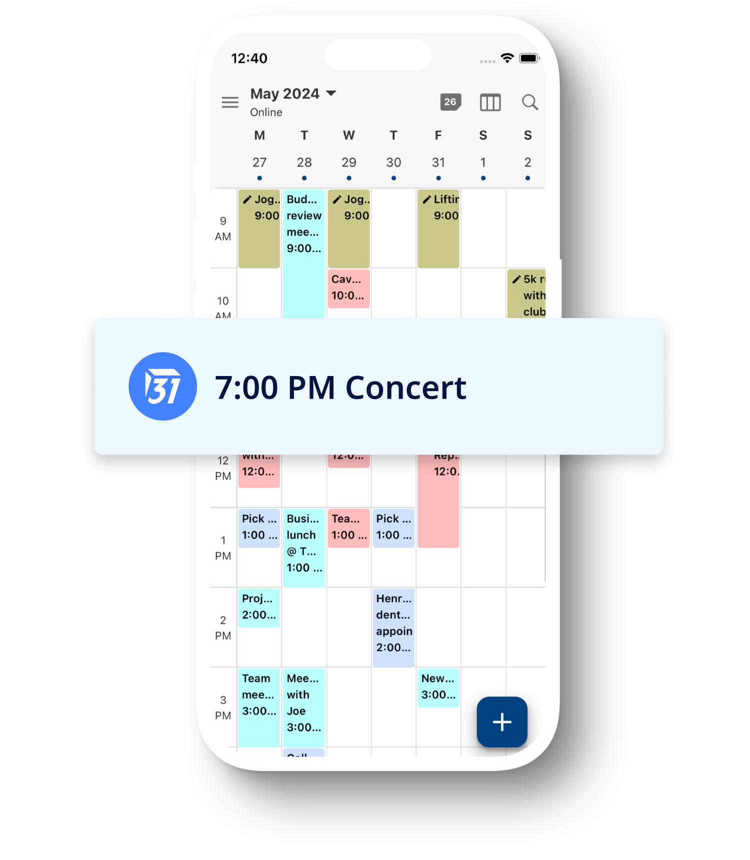 Телефон показывает Tuta Calendar в режиме просмотра недели. Перед ним - увеличенное уведомление о предстоящем концерте.