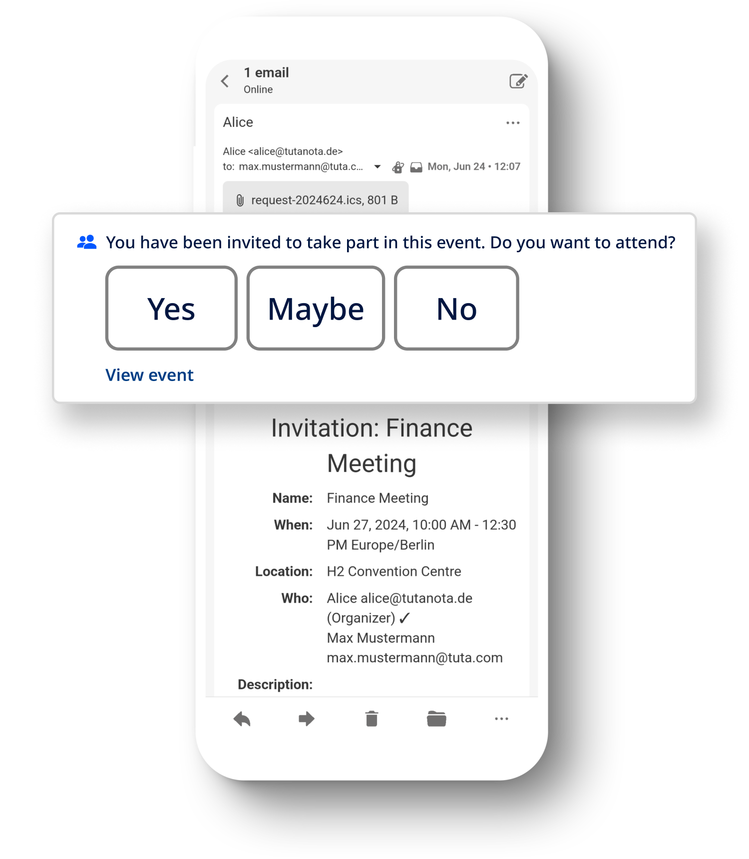 Увеличенное уведомление о событии в Tuta Mail для ответа на приглашение календаря. 