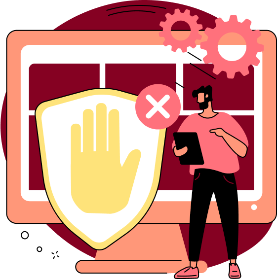 Illustration of a man with a clipboard standing next to an enlarged shield with a hand symbol which signals: Stop, we keep the spies out of your inbox. Behind the man and enlarged shield is an oversized computer screen.