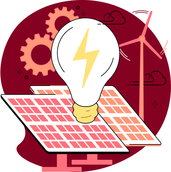 Illustration of a wind turbine, next to solar panels and in front an enlarged light bulb symbolizing that Tuta uses renewable energy.