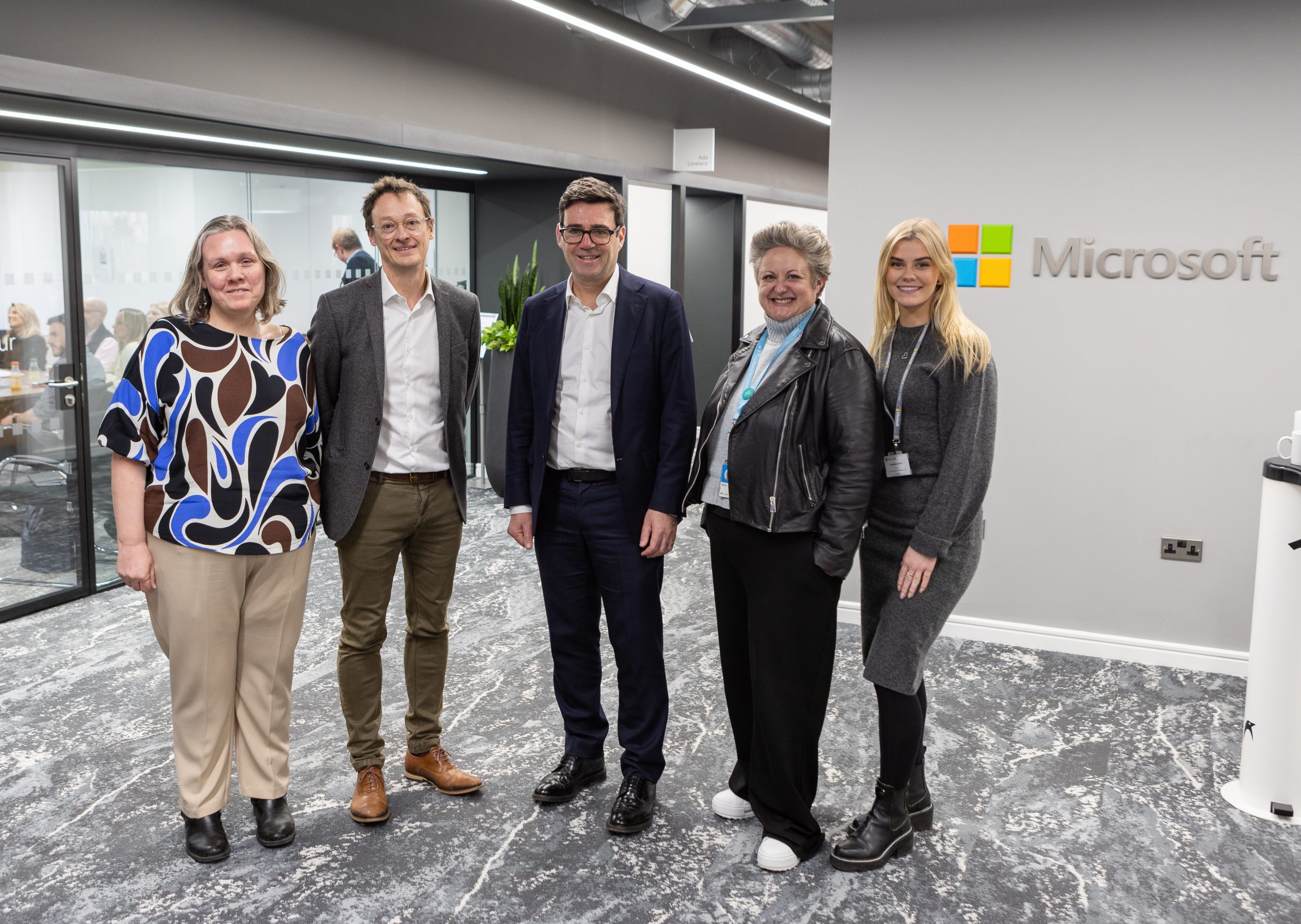 Attendees of an event at the Microsoft Manchester office, from left to right: Marie Hamilton, Greater Manchester Regional Lead for Microsoft; Hugh Milward, General Manager, Corporate, External & Legal team, Microsoft UK; Andy Burnham, Mayor of Greater Manchester; Rebecca King, UK Apprentice Lead for Microsoft; and Madeleine Ricci, Business Program Manager, Microsoft UK