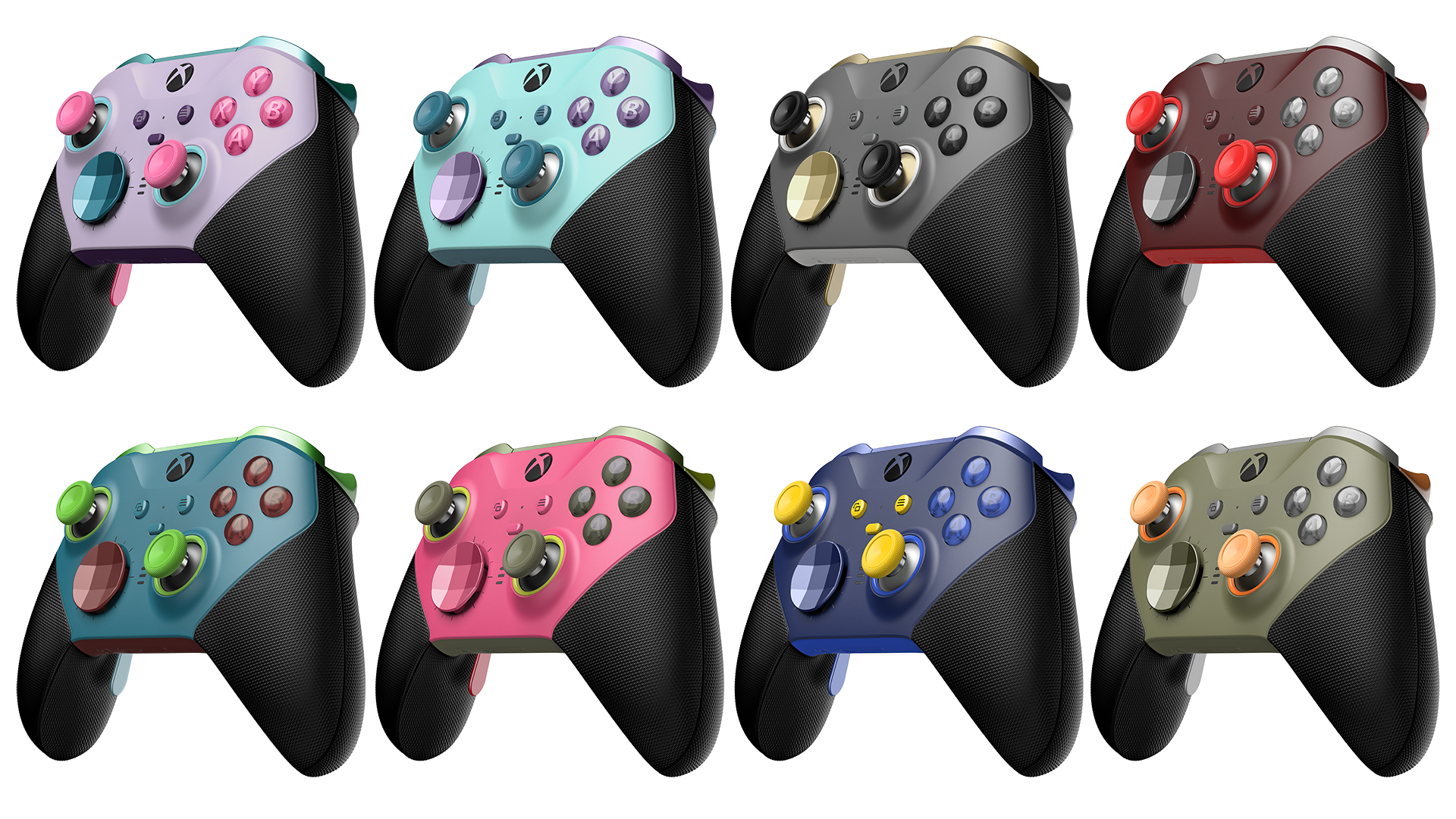 Two rows of colourful Xbox controllers with four controllers in each line