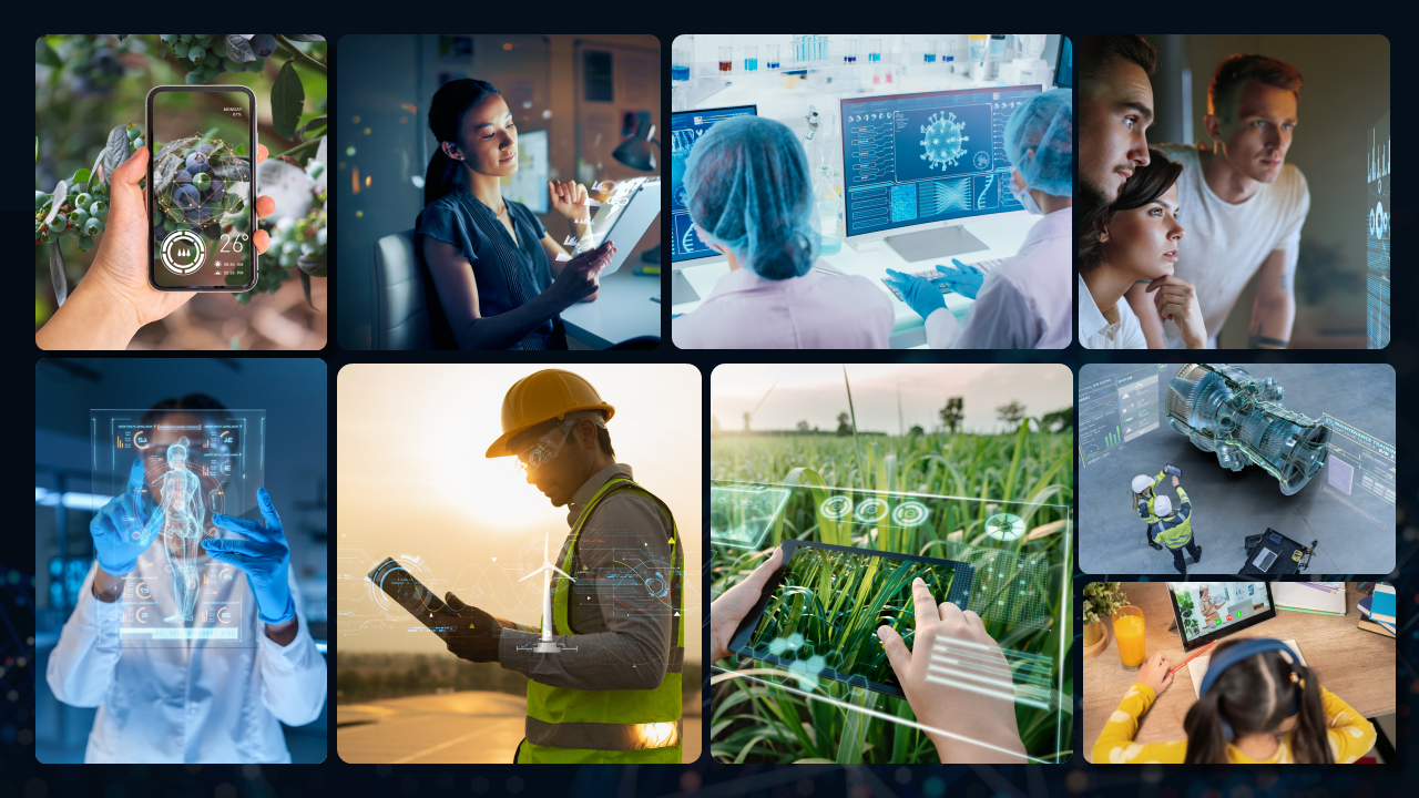 A collage of photos of different people using technology in different scenarios, including scientists in a lab using computers, a builder on a building site holding a tablet, and a botanist taking photos of plants.