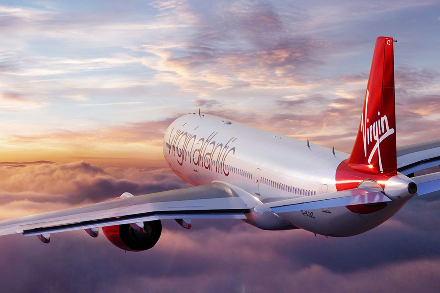 Graphic of Virgin Atlantic A330 Neo flying above clouds at sunset