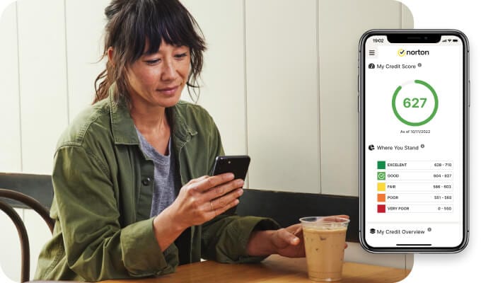 Lady holding a phone and the my credit score app on display