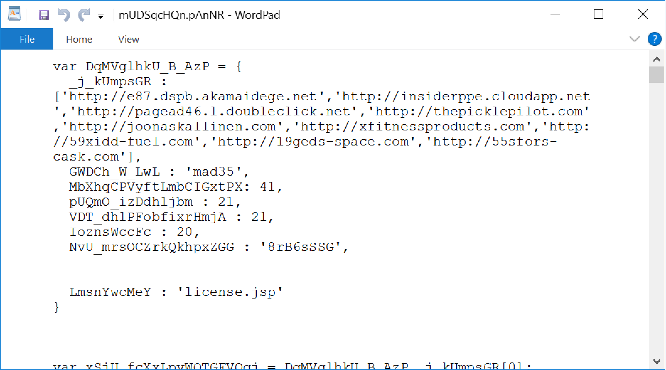 The screenshot shows how Valak obfuscates variable names in the JavaScript configuration file. This is an example of obfuscation that we have noted since June 2020. 