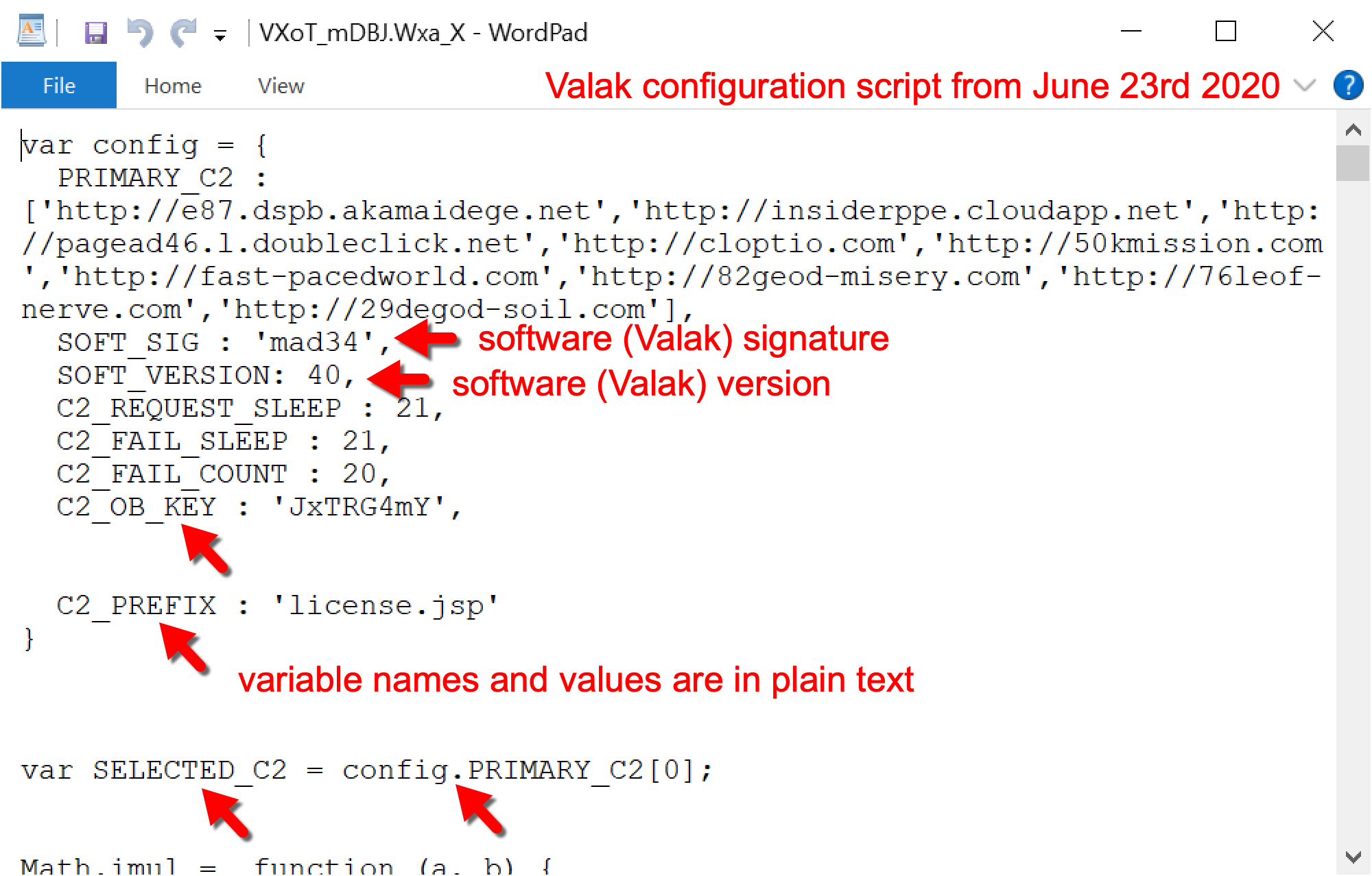 Valak configuration script from June 23, 2020, shows software (Valak) signature, software (Valak) version, and variable names and values in plain text. 