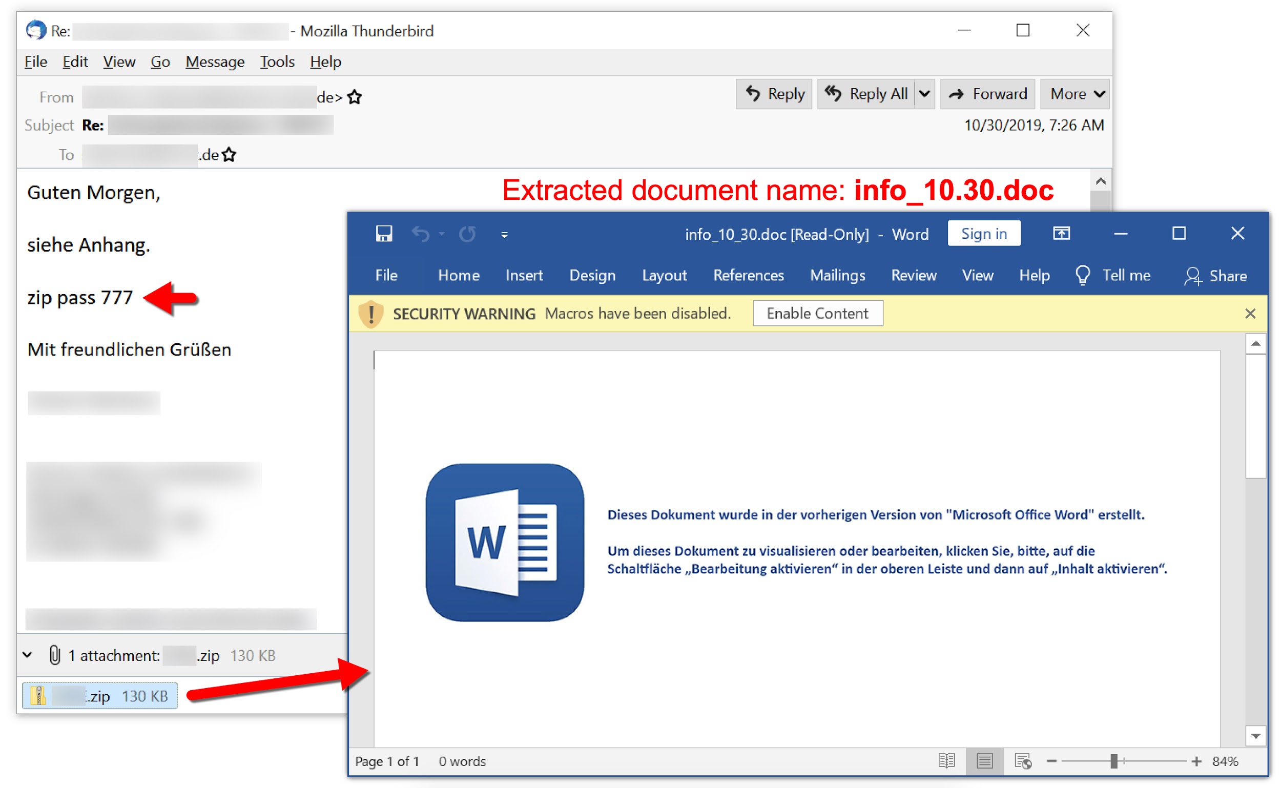 Screenshot reads: "Guten Morgen, siehe Anhang." It continues by offering a zip password and closeout. The extracted document, info_10.30, opens with a message attempting to trick the user into enabling macros. 