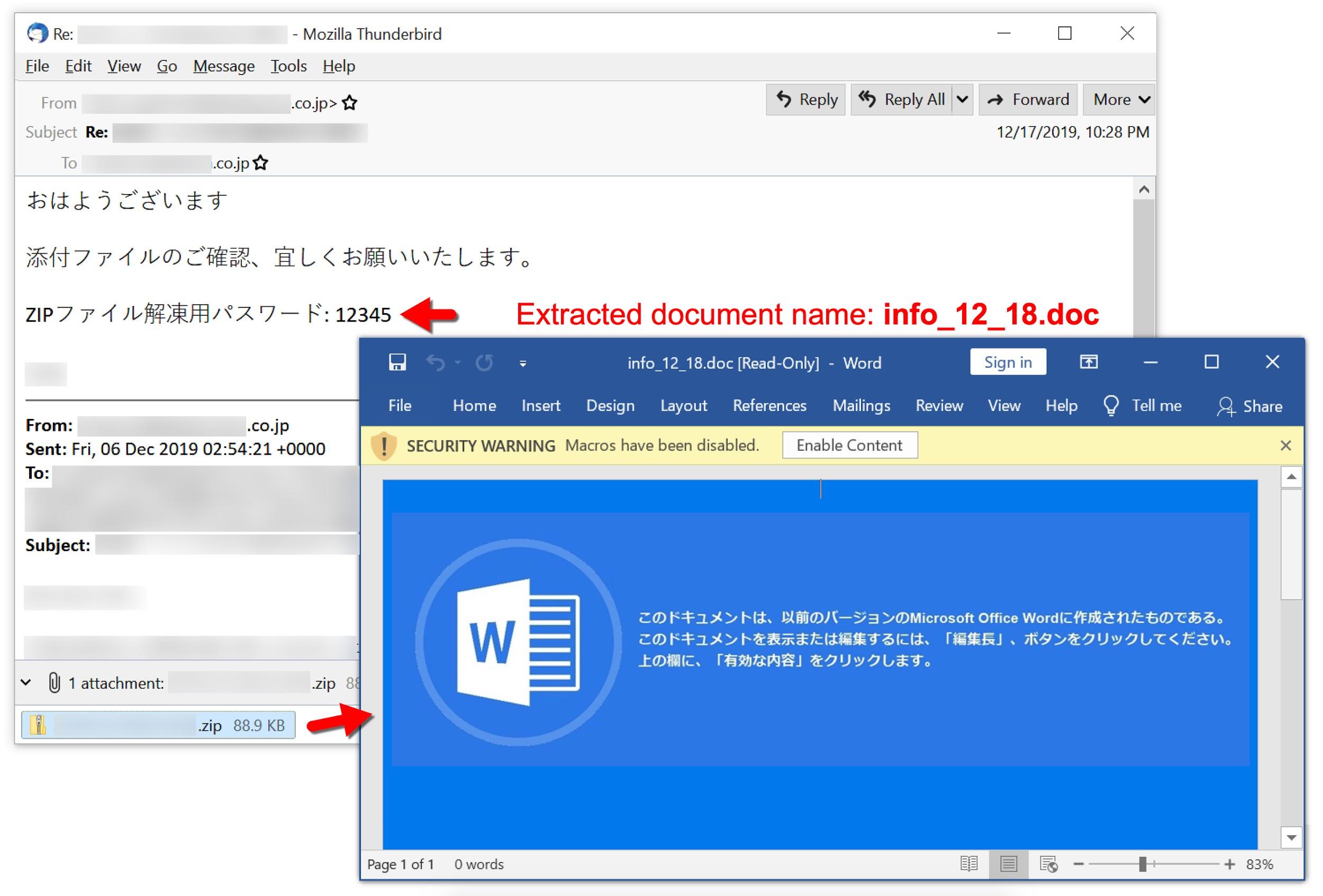 Screenshot includes a Japanese-language greeting. It continues by offering a zip password and closeout. The extracted document, info_12_18, opens with a message attempting to trick the user into enabling macros. 