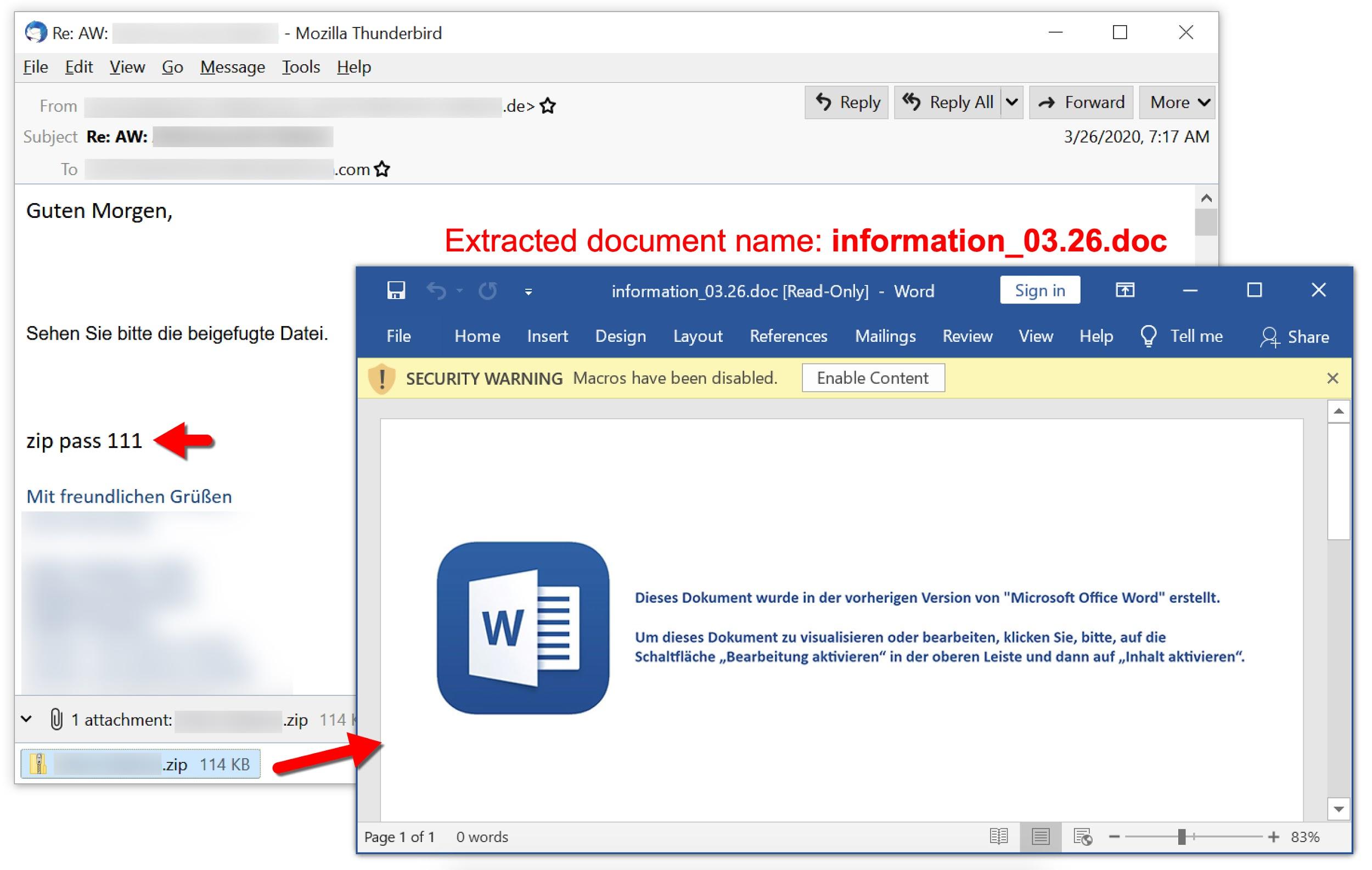 Screenshot reads: "Guten Morgen, Siehen Sie bitte die beigefugle Datei." It continues by offering a zip password and closeout. The extracted document, information_03.26, opens with a message attempting to trick the user into enabling macros. 