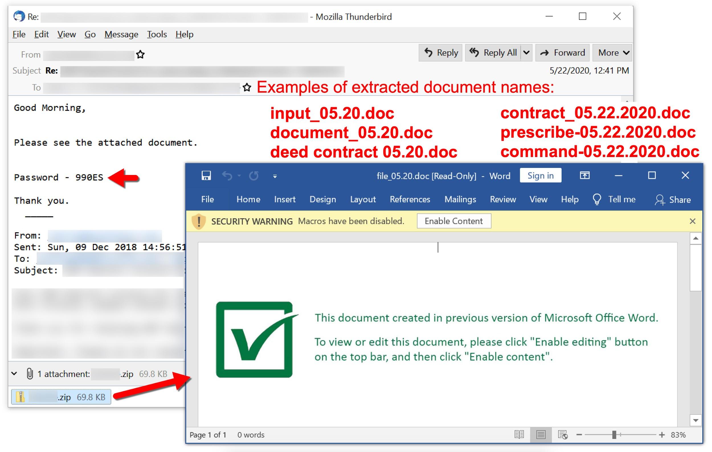 Screenshot reads: "Good Morning, Please see the attached document." It continues by offering a zip password and closeout. The Zip archive includes many documents, which when extracted, open with a message attempting to trick the user into enabling macros. 