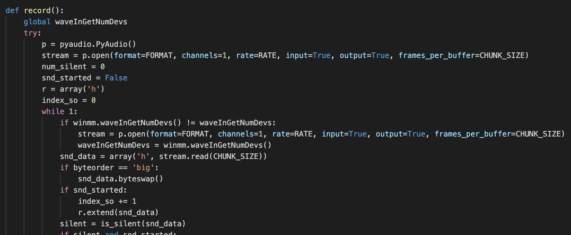 PyMICROPSIA uses the PyAudio library, as shown here, for audio stealing capabilities. 