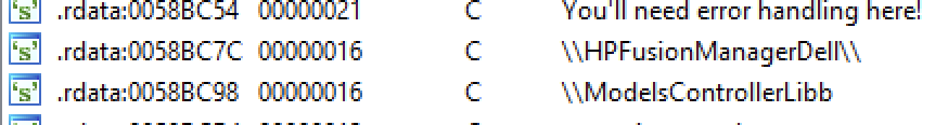 Hardcoded configuration parameters include the HPFusionManagerDell folder, where keystroke information is stored. 