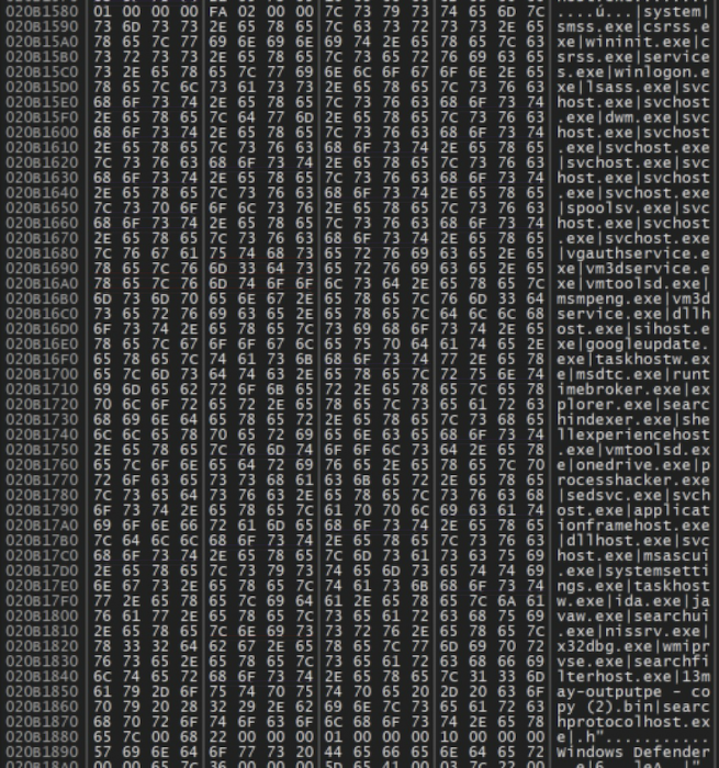 Screen filled with hexadecimal code and corresponding ASCII text, showing various system processes like 'svchost.exe' and 'smsvchost.exe.'