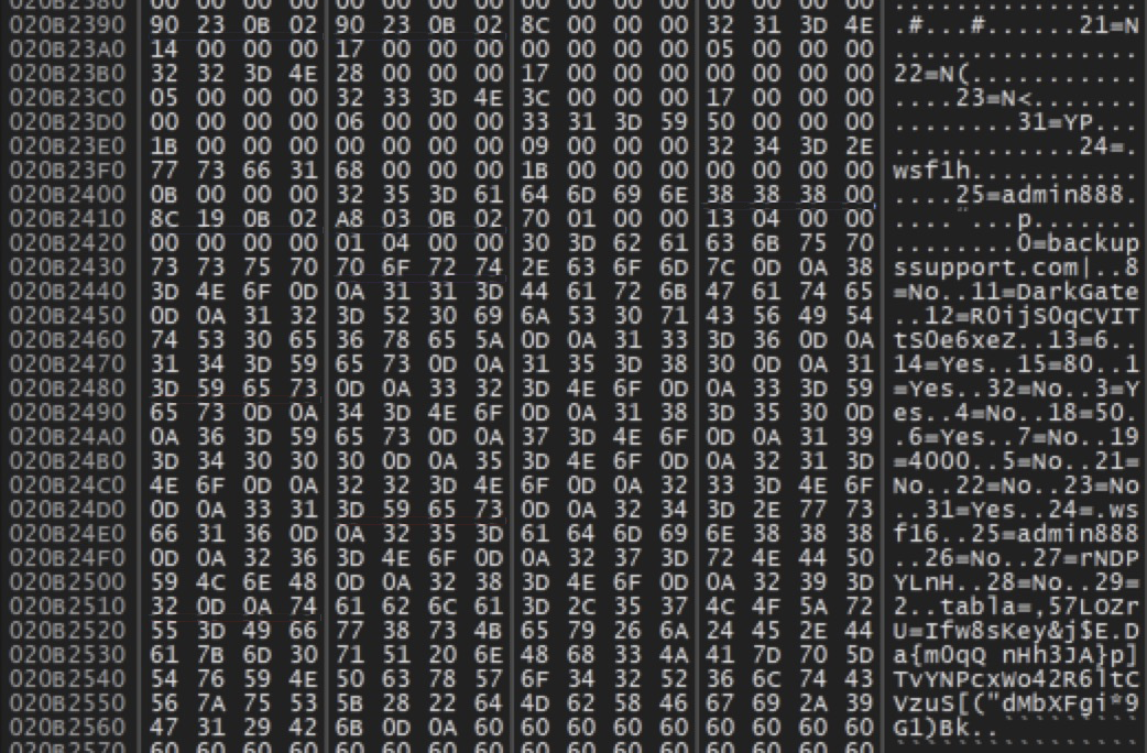 A screen filled with hexadecimal numerical values and scattered ASCII characters.