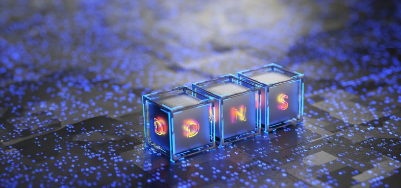 A pictorial representation of using autoencoders to detect malicious DNS traffic. Three transparent blocks with glowing letters "D," "N," and "S" on a circuit board background with blue and purple lighting.