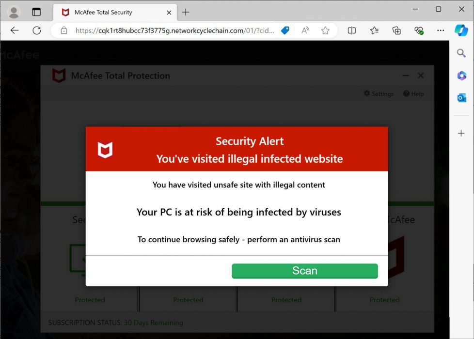 Screenshot of a computer screen displaying a fake McAfee Total Protection security alert pop-up, warning that the user has visited an illegal website and the PC may be infected by viruses. It suggests performing an antivirus scan with a prominent green "Scan" button.