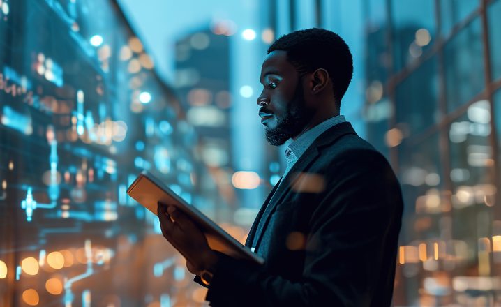 A pictorial representation of machine learning detecting vulnerability scanning. A Black man using a tablet with a background of illuminated city buildings at night.