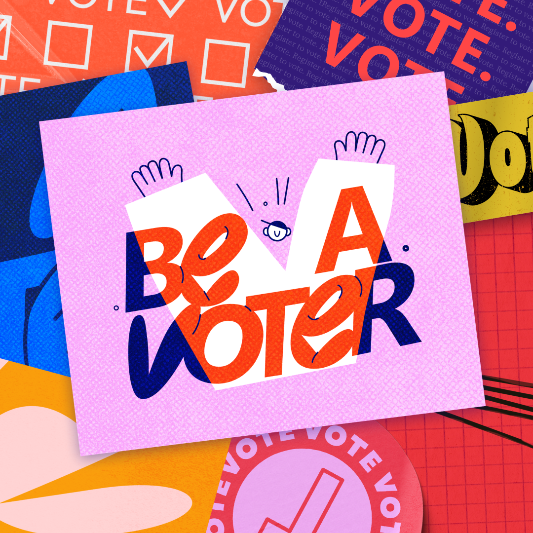 A colorful postcard with the text "Be A Voter" in a design that includes checkmarks and the word "VOTE" in various styles. The background has a collage of voting-themed graphics.