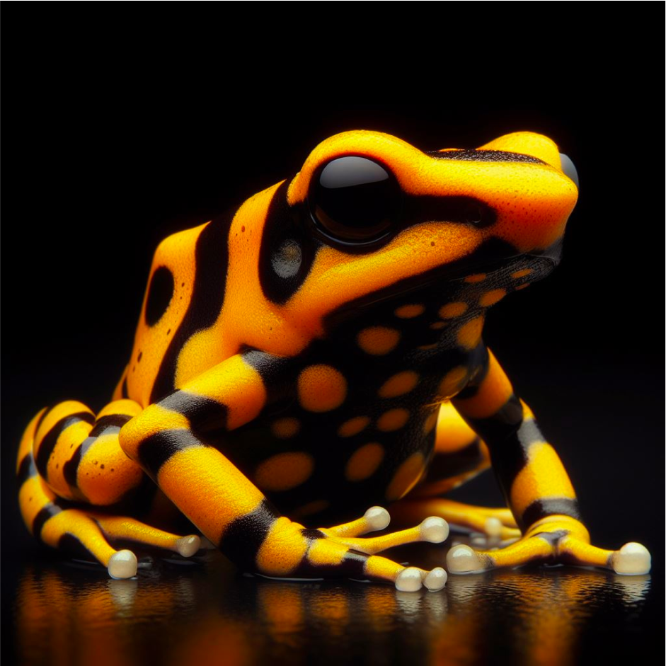 An orange and black frog sitting on a black background.