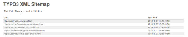 screenshot of the XML sitemap of TYPO3