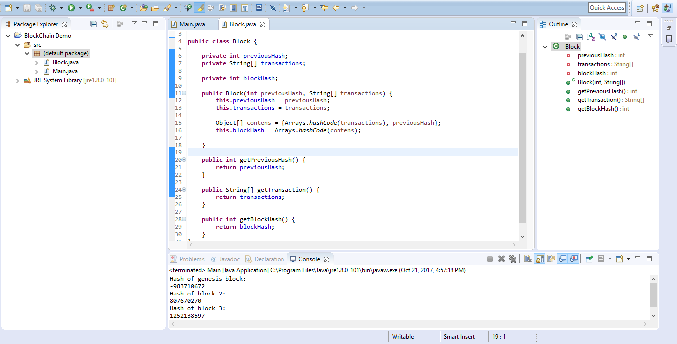 workspace - java - blockchain demo_src_block java - eclipse 21-oct-17 5_09_57 pm