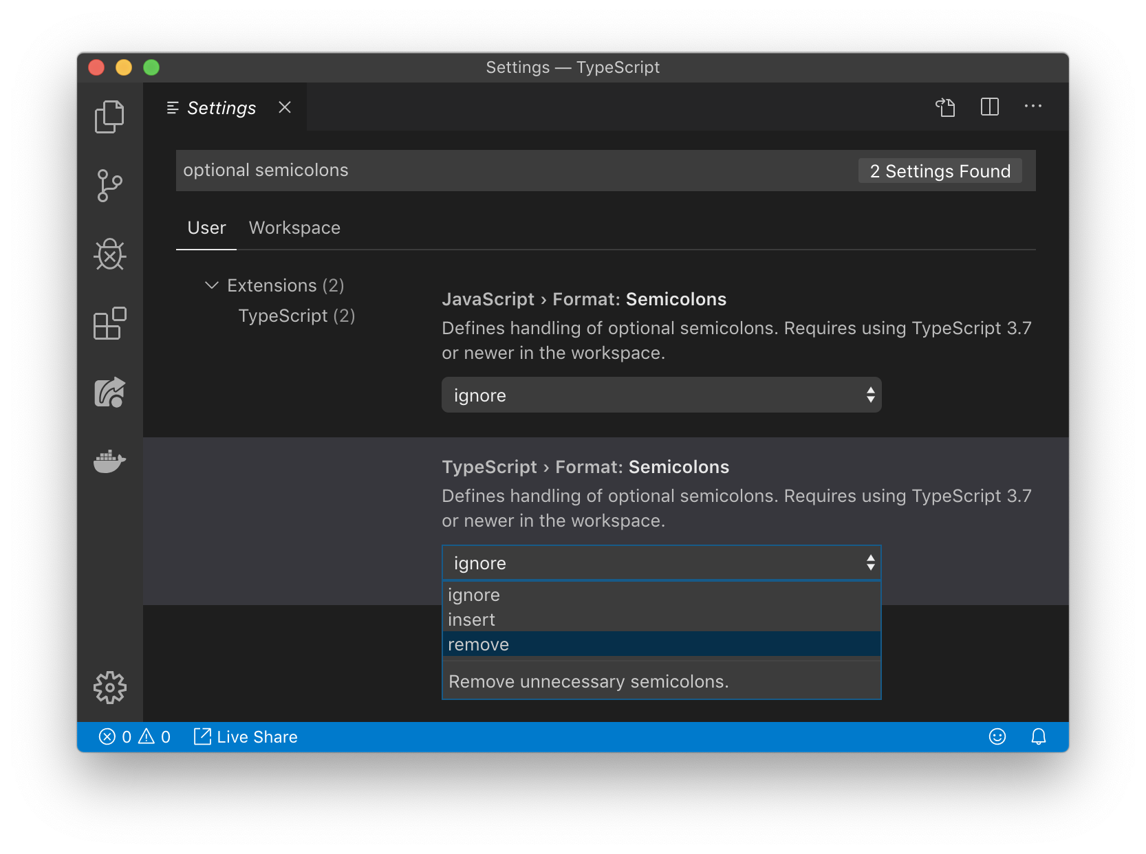 New semicolon formatter option in VS Code