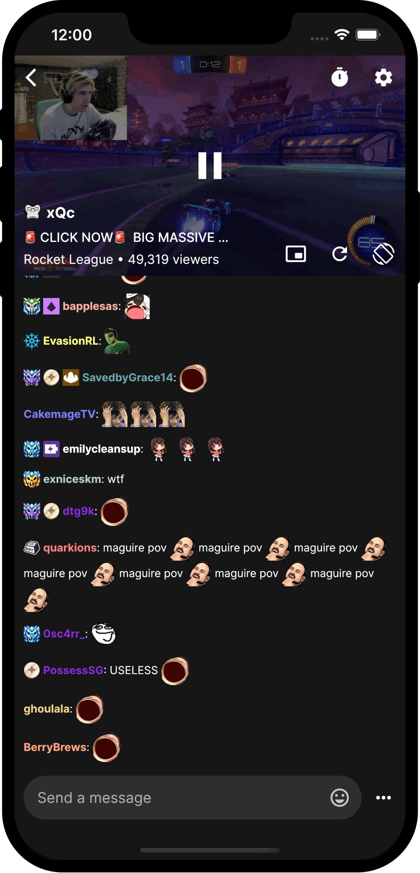 iOS screenshot of xQc's channel with the stream and chat.