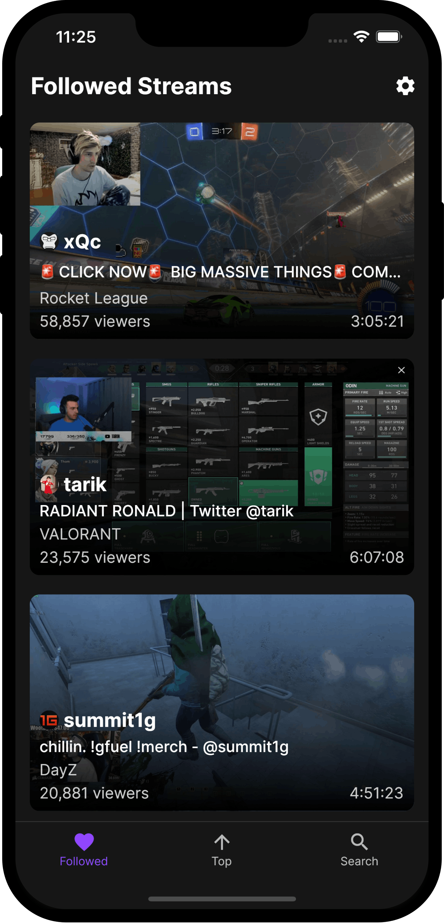 iOS screenshot of the Followed Streams section.